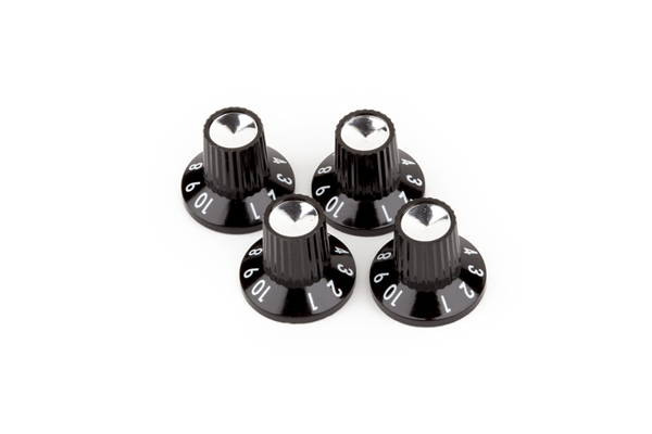 (4) Genuine Fender Black/Silver Skirted (1-10) Push-On Amplifier/Amp Knobs