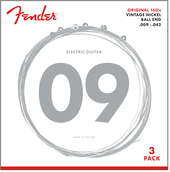 3-PACK of Fender 150L Pure-Nickel Electric Guitar Strings - LIGHT 9-42