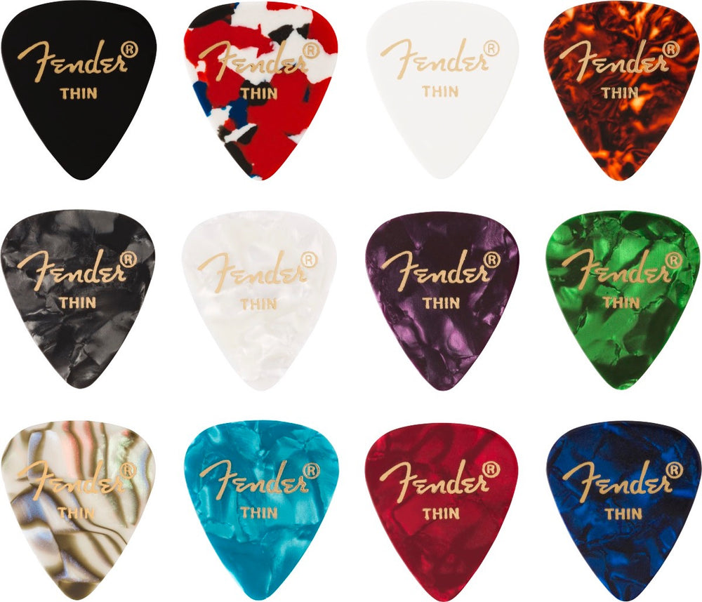 Fender Guitar Picks 351 Shape, Celluloid Color Medley Mix, THIN (12 PACK)