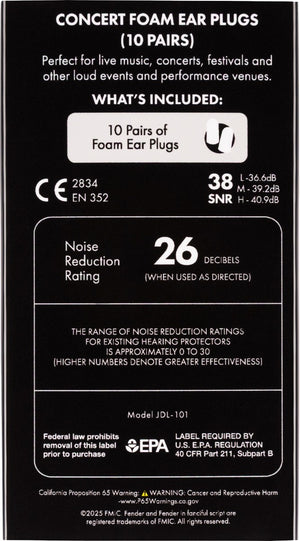 Fender Concert Foam Ear Plugs, Hearing Protection - Red, 10 Pairs