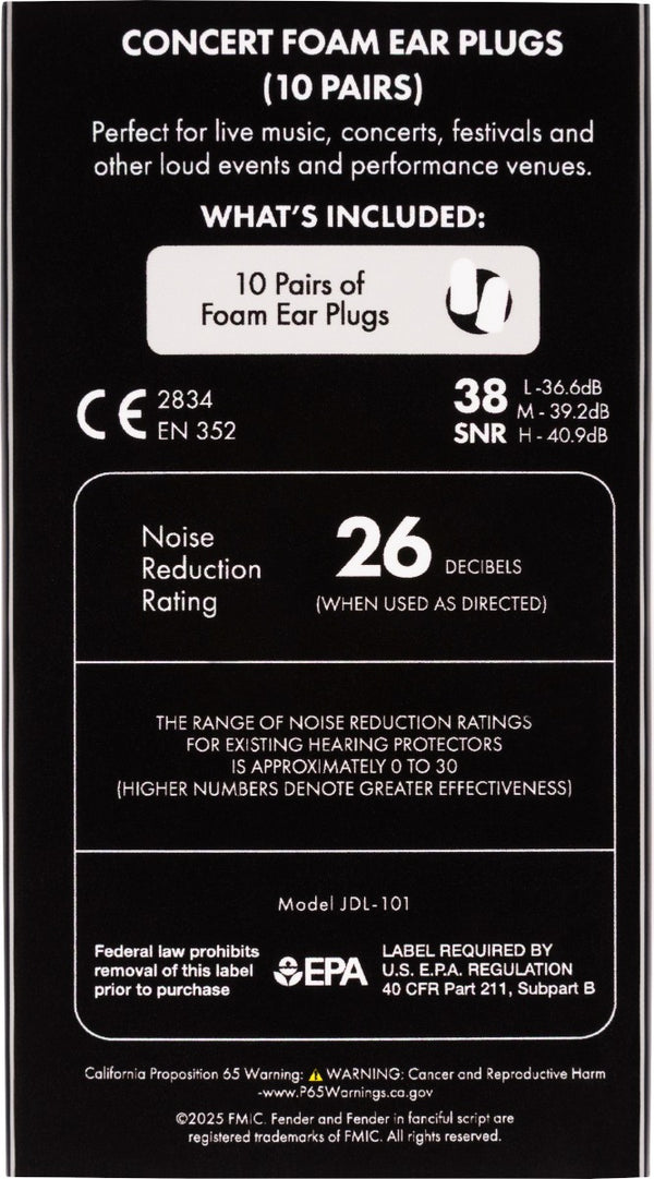 Fender Concert Foam Ear Plugs, Hearing Protection - Red, 10 Pairs