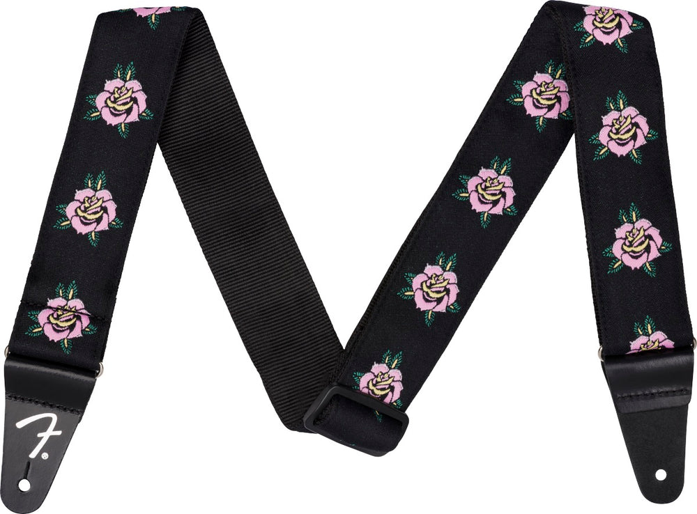 Fender 2" Wide Rose Adjustable Guitar Strap, Black/Pink