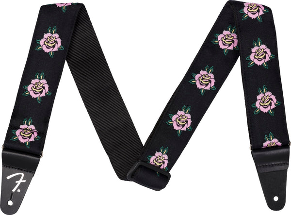 Fender 2" Wide Rose Adjustable Guitar Strap, Black/Pink