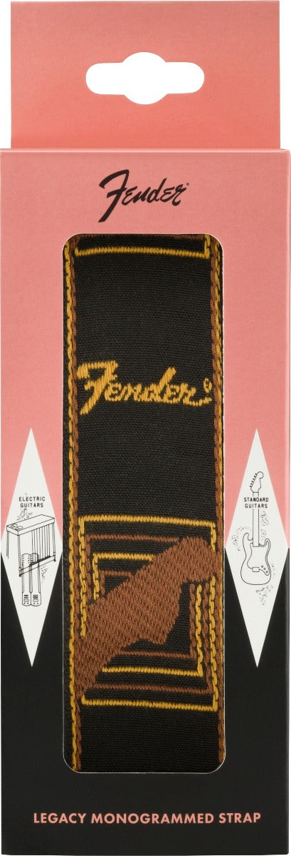 Genuine Fender 2" Wide LEGACY Monogrammed Guitar Strap - Black/Brown/Yellow