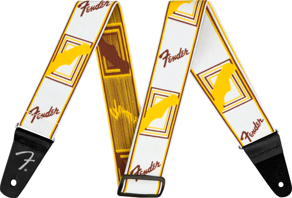 Genuine Fender WeighLess Stretch 2" Monogrammed Guitar Strap, White/Brown/Yellow