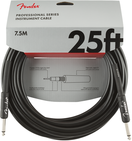 Fender Professional Series Black Guitar/Instrument Cable, Straight, 25' ft