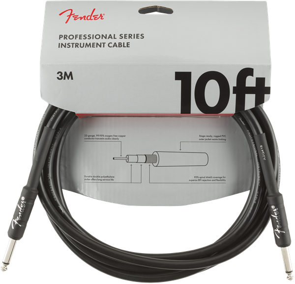 Fender Professional Series Black Guitar/Instrument Cable, Straight, 10' ft