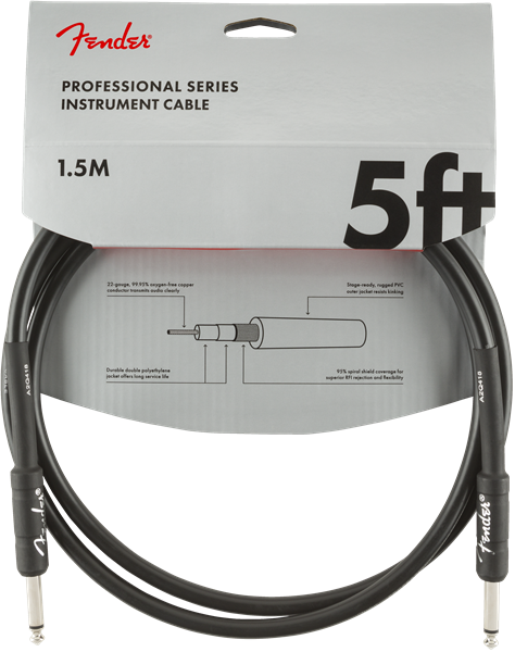 Fender Professional Series Black Guitar/Instrument Cable, Straight, 5' ft