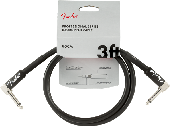 Fender Professional Series Black Guitar/Instrument Cable, Right-Angle, 3' ft