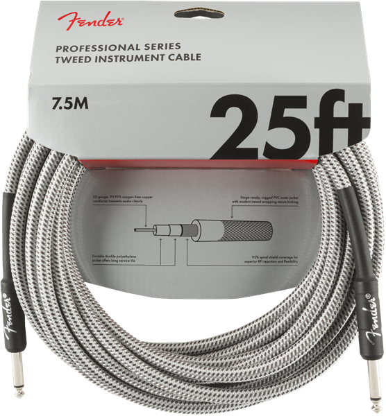 Genuine Fender Professional Series Guitar/Instrument Cable, WHITE TWEED - 25' ft