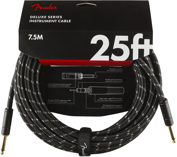 Fender Deluxe BLACK TWEED Electric Guitar/Instrument Cable, Straight Ends, 25'ft
