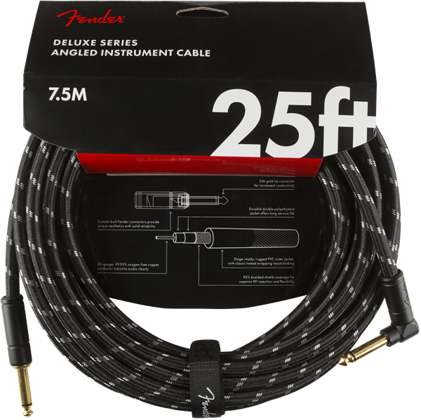 Fender Deluxe BLACK TWEED Electric Guitar Cable, Straight-Right Angle, 25' ft