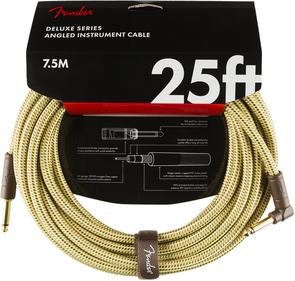 Fender Deluxe TWEED Guitar/Instrument Cable, Straight-Right Angle, 25' ft