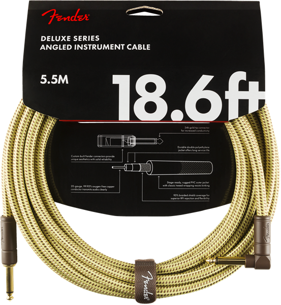 Fender Deluxe TWEED Guitar/Instrument Cable, Straight-Right Angle, 18.6' ft