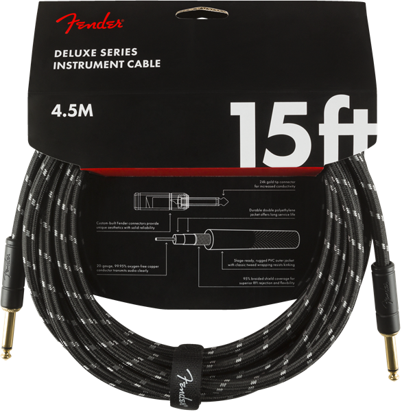 Fender Deluxe BLACK TWEED Electric Guitar/Instrument Cable, Straight Ends, 15'ft