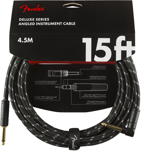 Fender Deluxe BLACK TWEED Guitar/Instrument Cable, Straight-Right Angle, 15' ft