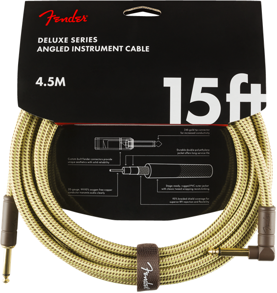 Fender Deluxe TWEED Guitar/Instrument Cable, Straight-Right Angle, 15' ft