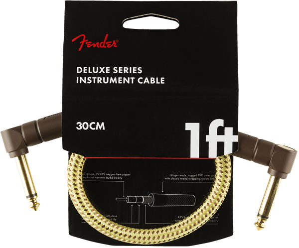 Fender Deluxe TWEED Electric Guitar/Instrument Patch Cable, Right-Angle, 1' ft