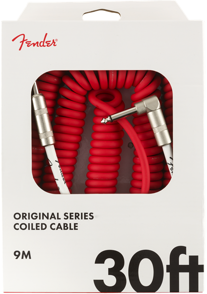 Fender Coiled Guitar/Instrument Cable, FIESTA RED, Straight to Right-Angle 30'ft