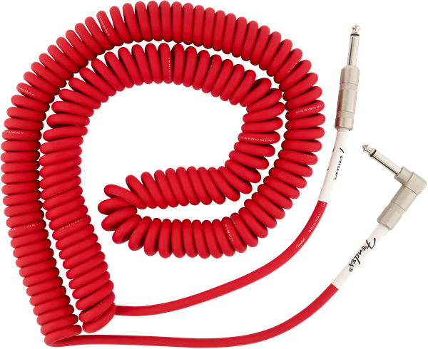 Fender Coiled Guitar/Instrument Cable, FIESTA RED, Straight to Right-Angle 30'ft