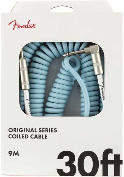 Fender Coiled Guitar/Instrument Cable, BLUE, Straight to Right-Angle 30'ft