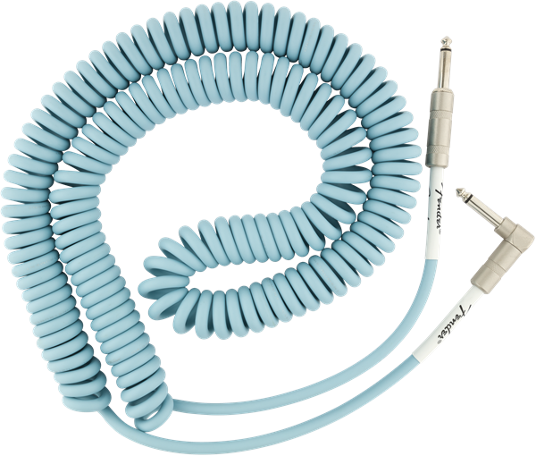 Fender Coiled Guitar/Instrument Cable, BLUE, Straight to Right-Angle 30'ft
