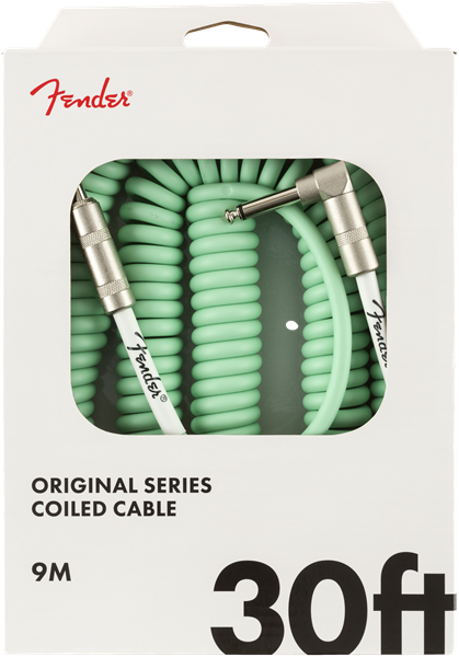 Fender Coiled Guitar/Instrument Cable, SURF GREEN, Straight to Right-Angle 30'ft
