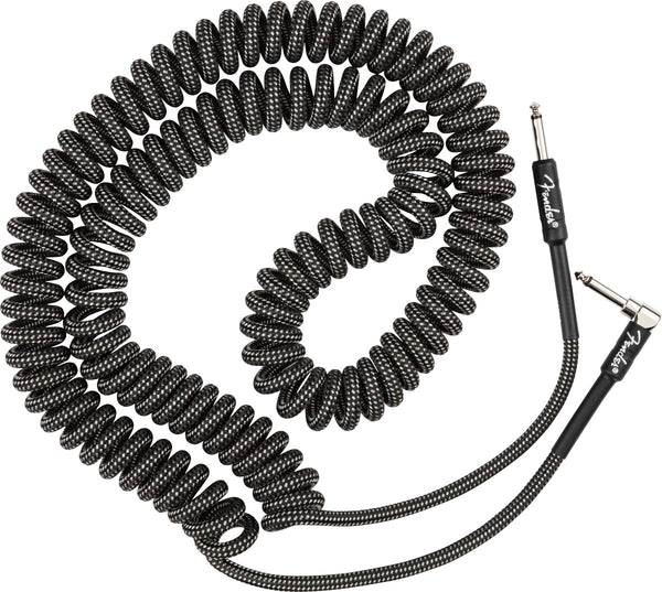 Fender Coiled Guitar/Instrument Cable, GRAY TWEED, Straight to Right-Angle 30'ft