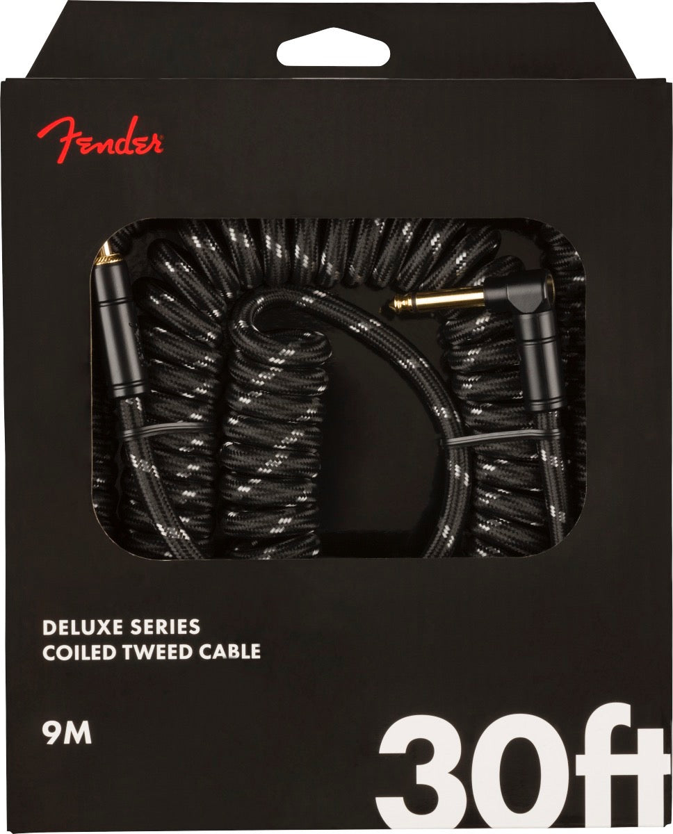Fender Coiled Guitar/Instrument Cable, BLACK TWEED Straight to Right-Angle 30'ft