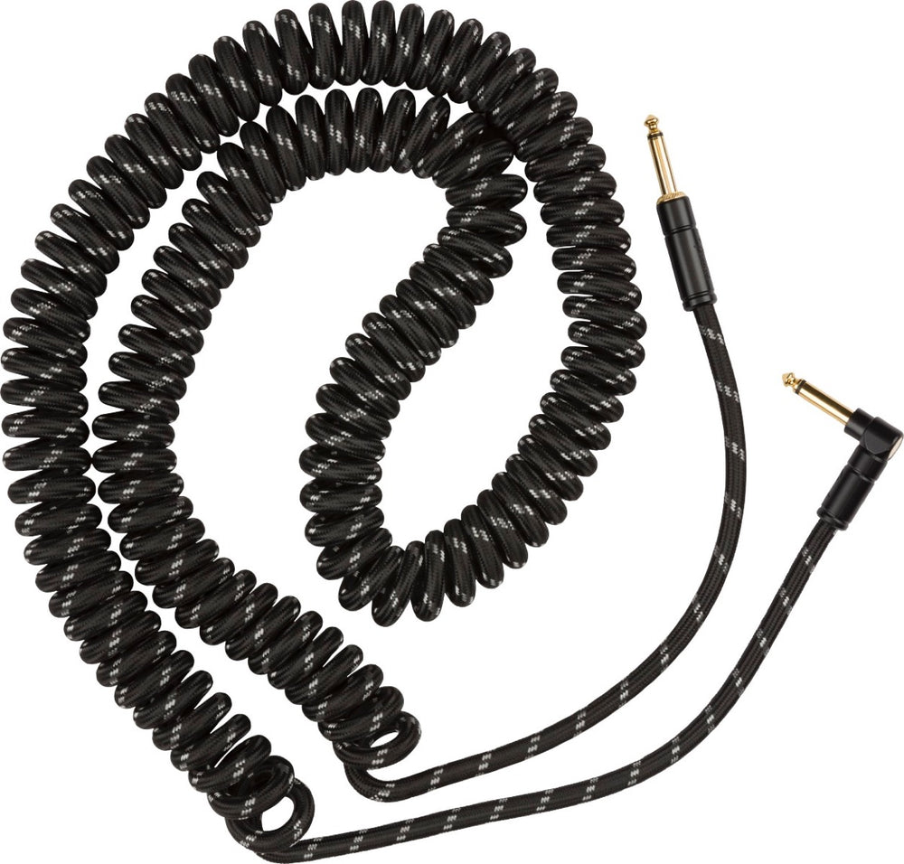 Fender Coiled Guitar/Instrument Cable, BLACK TWEED Straight to Right-Angle 30'ft