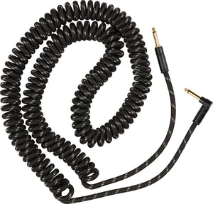 Fender Coiled Guitar/Instrument Cable, BLACK TWEED Straight to Right-Angle 30'ft