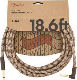 Fender Festival Instrument Cable, Pure Hemp, Right-Angle, Brown Stripe, 18.6' ft