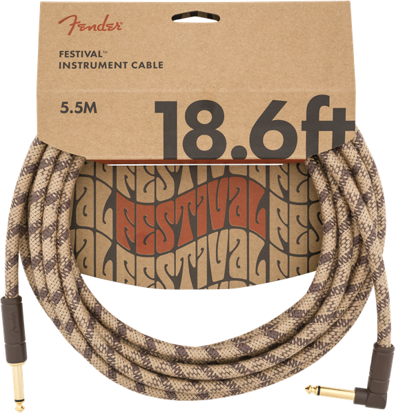 Fender Festival Instrument Cable, Pure Hemp, Right-Angle, Brown Stripe, 18.6' ft