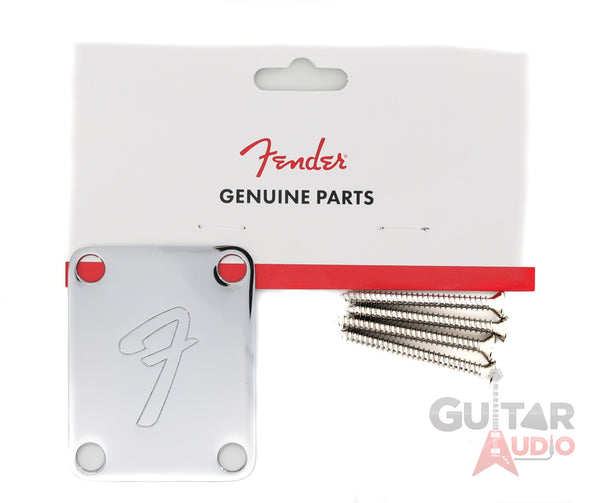 Genuine Fender '70s F Logo Strat/Tele 4-Bolt CHROME Guitar Neck Plate w/Screws