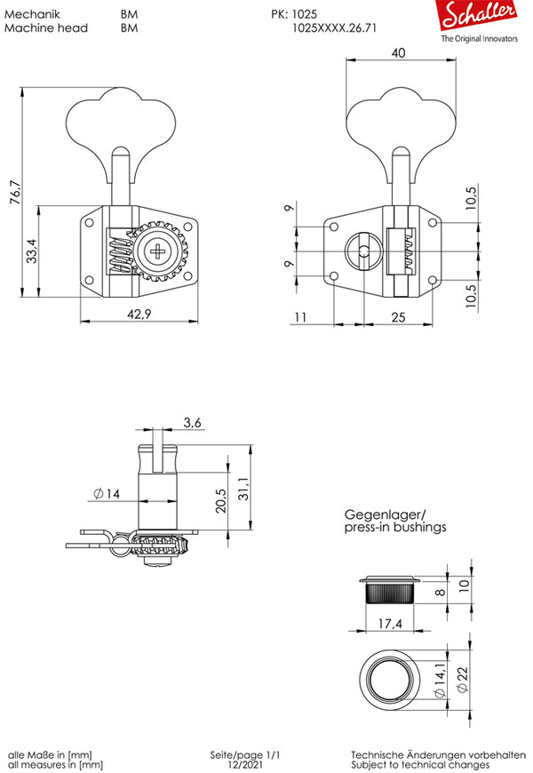 Schaller Germany 2x2 Vintage-Style Bass Tuners for Music Man/Gibson/G&L, GOLD