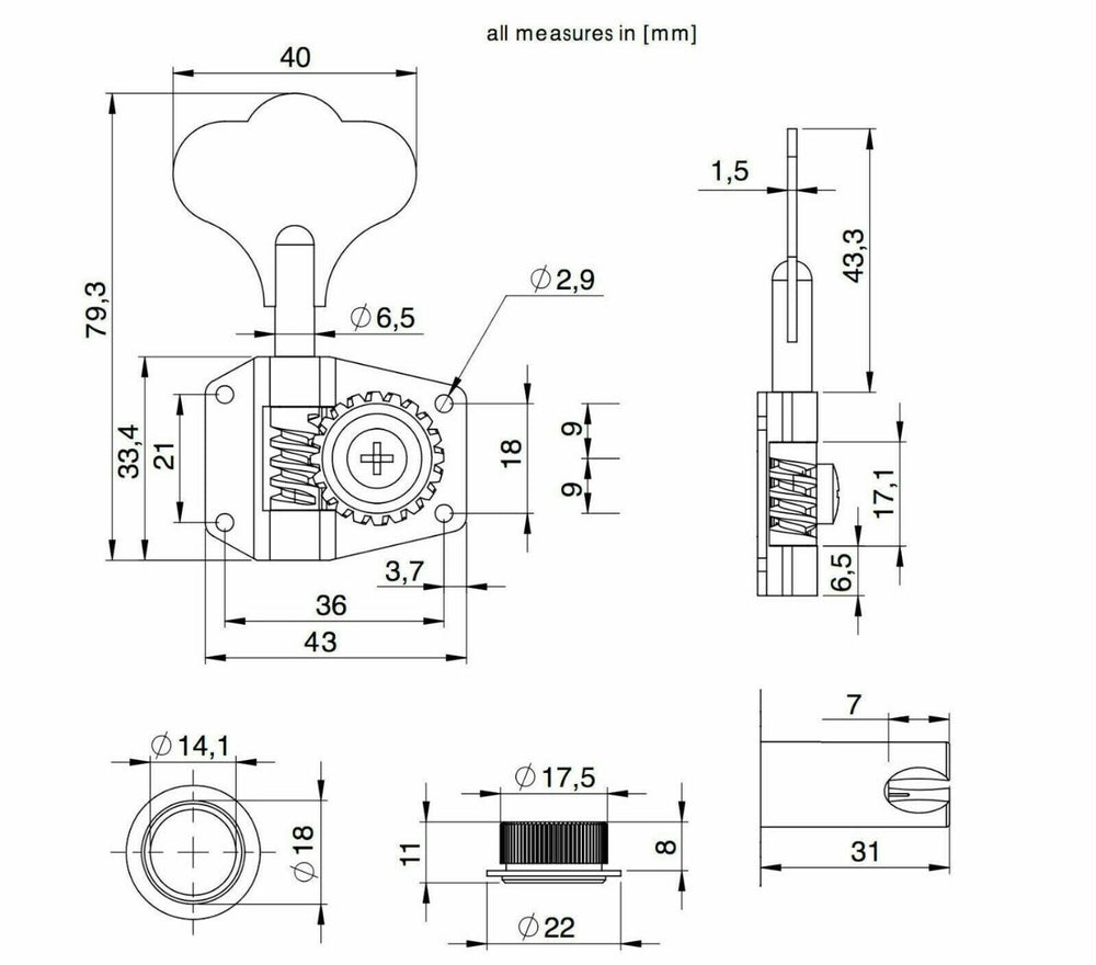 Hipshot BT1 Bass Xtender Key Fender, MM G&L Extender D-Tuner X-Tender - GOLD