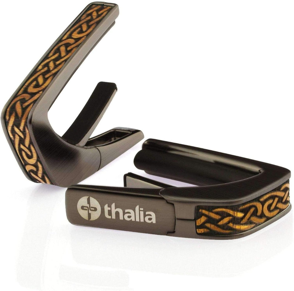 Thalia Deluxe Series Guitar Capo - Hawaiian Koa Celtic Knot, Black Chrome