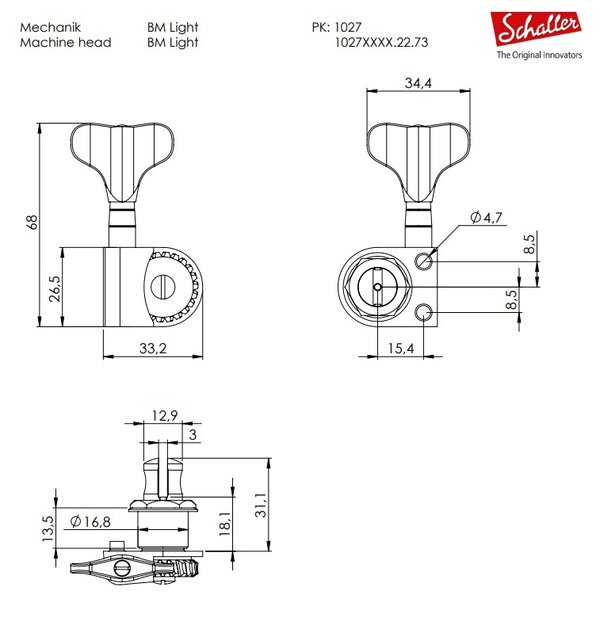 Schaller Germany 2x2 BM Light M4, Lightweight Split-Post Bass Tuners Set, GOLD
