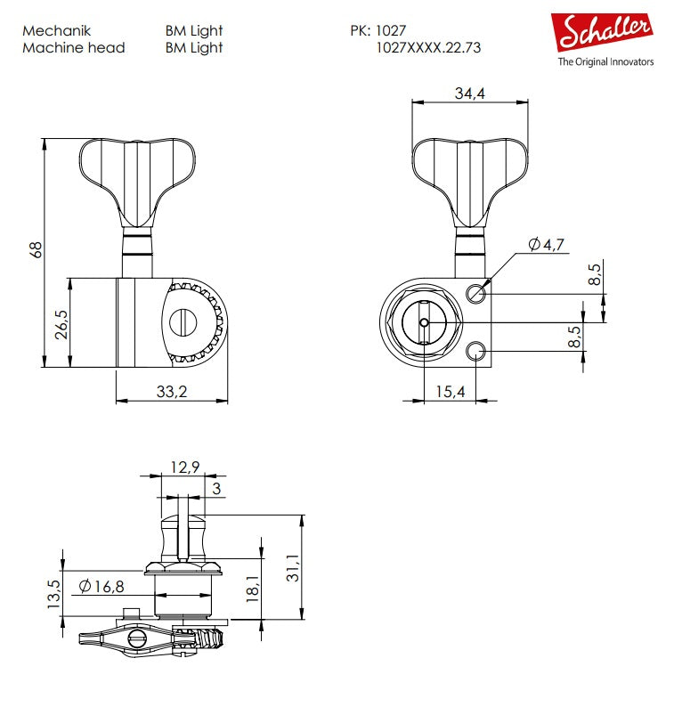 Schaller Germany 2x2 BM Light M4, Lightweight Split-Post Bass Tuners Set, CHROME