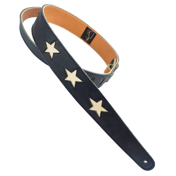 Henry Heller Leather Series, 2" Wide Guitar Strap, Black with White Bone Stars