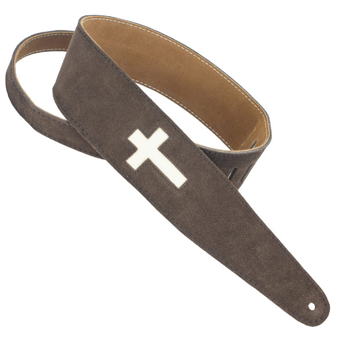 Henry Heller Leather Series, 2.5" Wide Guitar Strap, Brown Capri Suede with Cross
