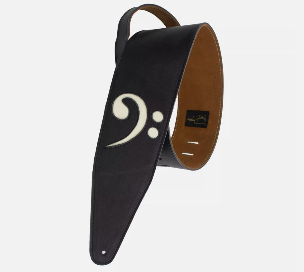 Henry Heller Deluxe Leather Guitar Strap, 3" Wide, Black with Bass Clef