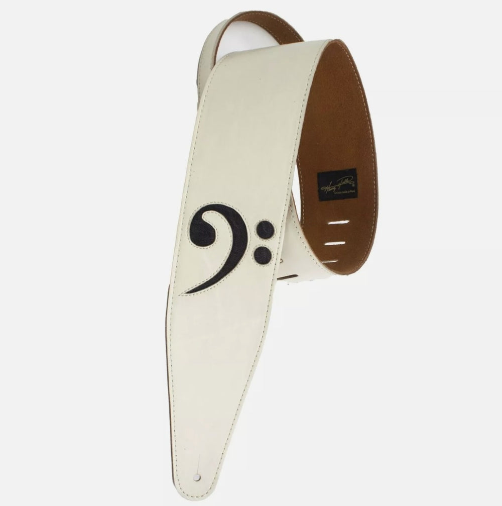 Henry Heller Deluxe Leather Guitar Strap, 3" Wide, Bone White w/ Bass Clef