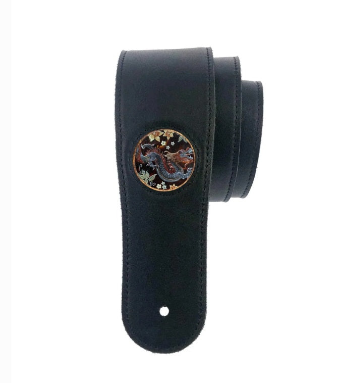 Thalia Black Leather Guitar Strap with Lucky Dragon Inlay