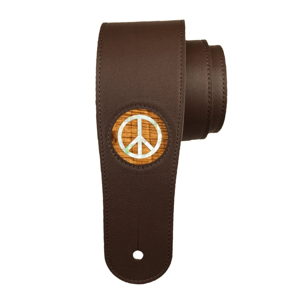 Thalia Dark Chocolate Leather Guitar Strap with Rosewood Pearl Peace Inlay