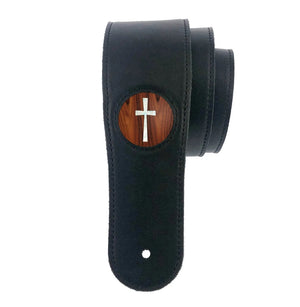 Thalia Black Leather Guitar Strap with Rosewood Pearl Cross Inlay