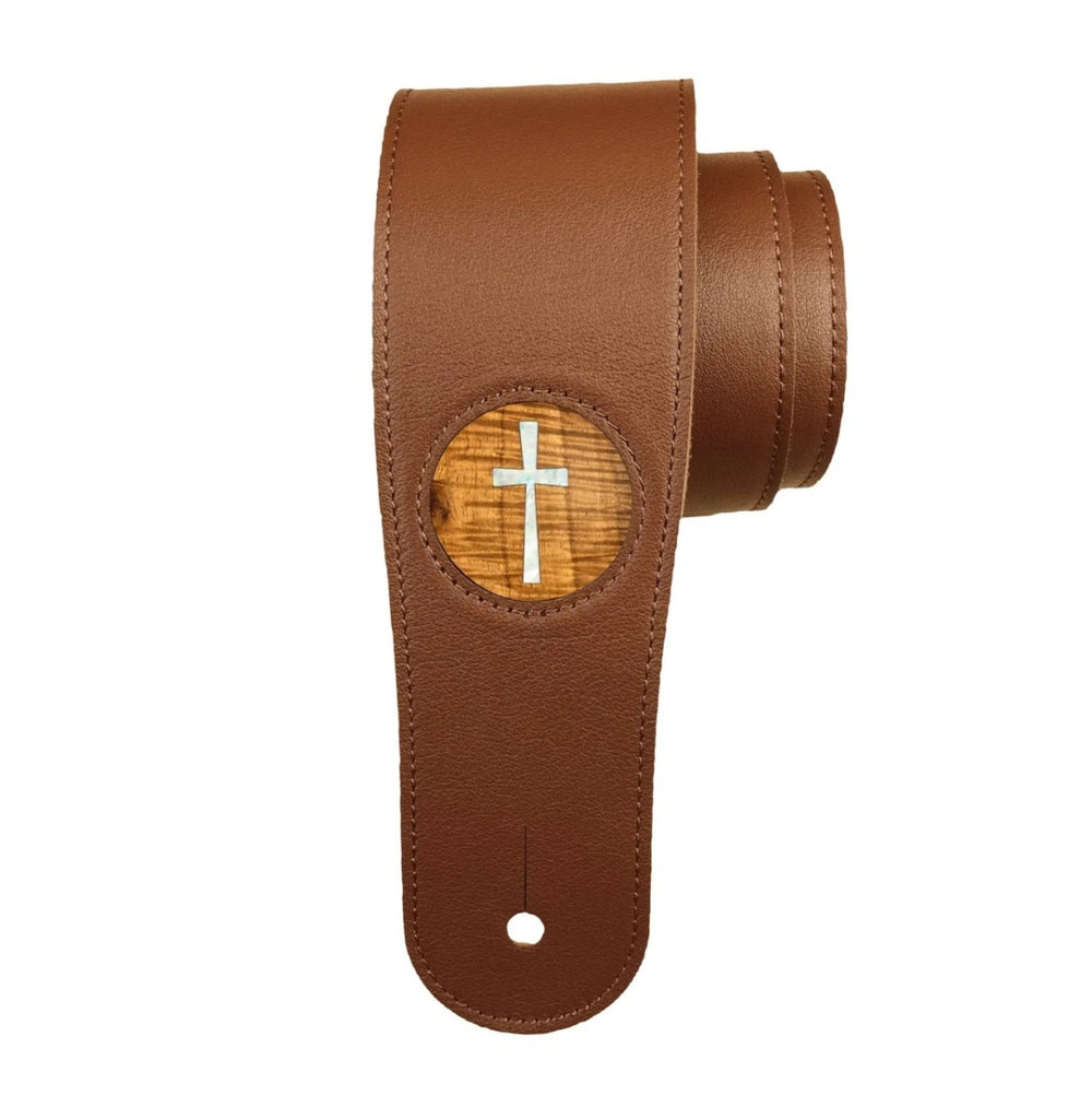 Thalia Brown Leather Guitar Strap with Hawaiian Koa Pearl Cross Inlay