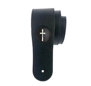 Thalia Black Leather Guitar Strap with Ebony Inked Pearl Cross Inlay