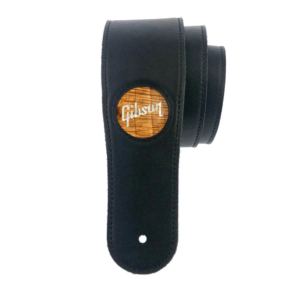 Thalia X Gibson Black Italian Leather Guitar Strap w/ Hawaiian Koa Pearl Logo