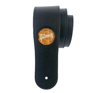 Thalia X Gibson Black Italian Leather Guitar Strap w/ Hawaiian Koa Pearl Logo